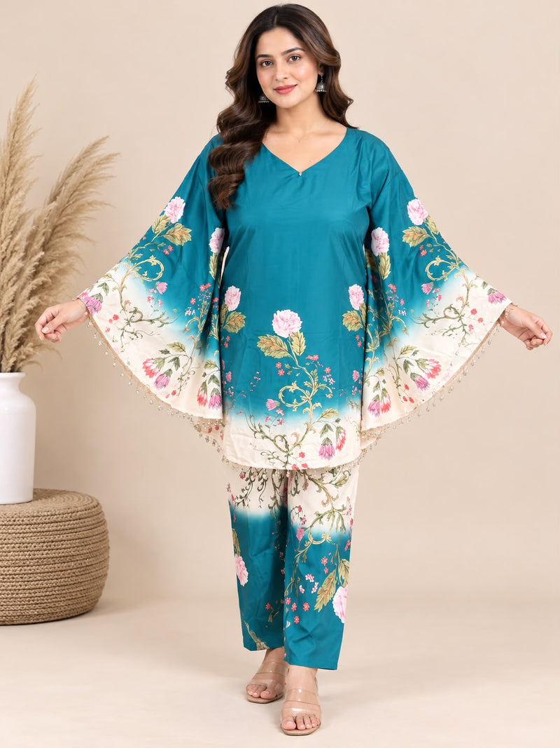 Teal Blue Floral Ombre Japanese Crepe Kaftan Set