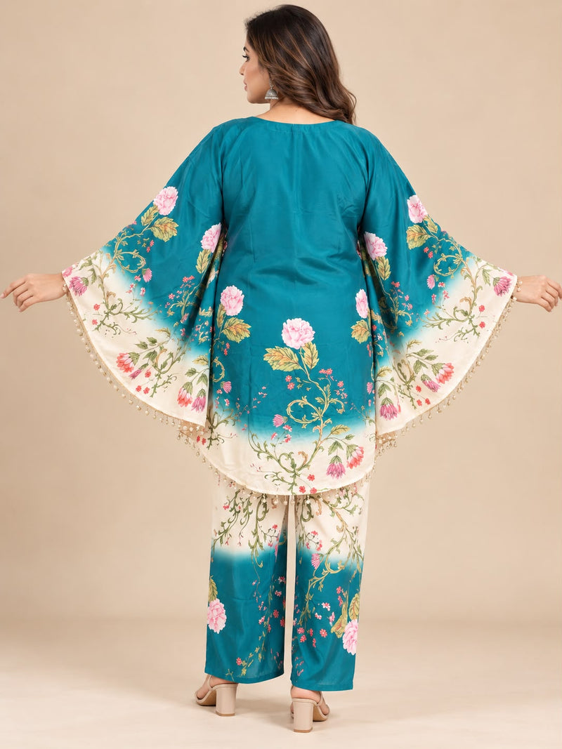 Teal Blue Floral Ombre Japanese Crepe Kaftan Set