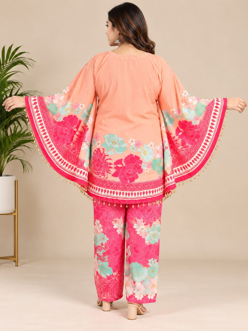 Peach Pink Floral Printed Japanese Crepe Kaftan Set