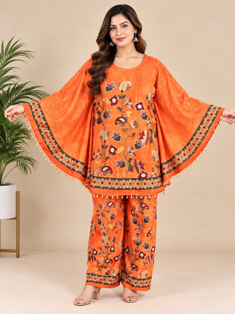 Orange Floral Printed Japanese Crepe Kaftan Set