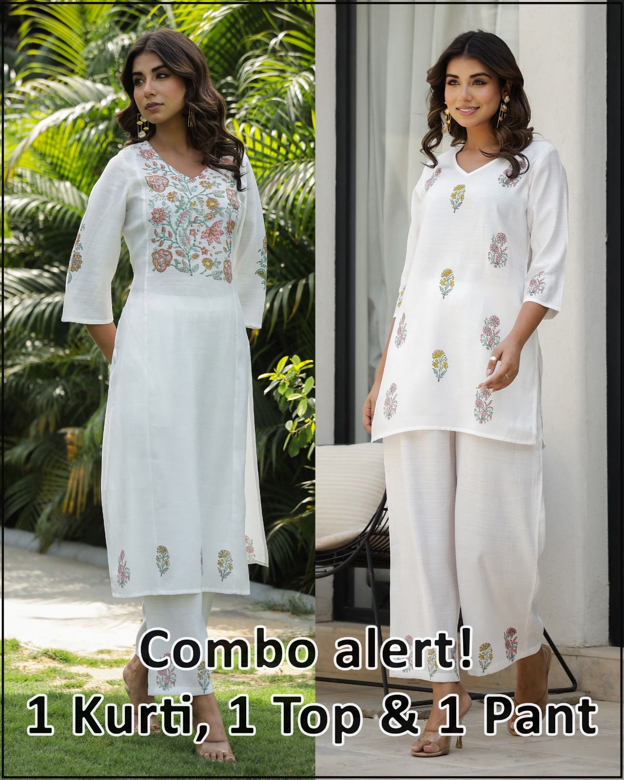 White Floral Elegance Kurti, Top & Pant Combo Set, Rich Cotton fabric, Supper Fitting & Superior Quality Cotton Fabric.
