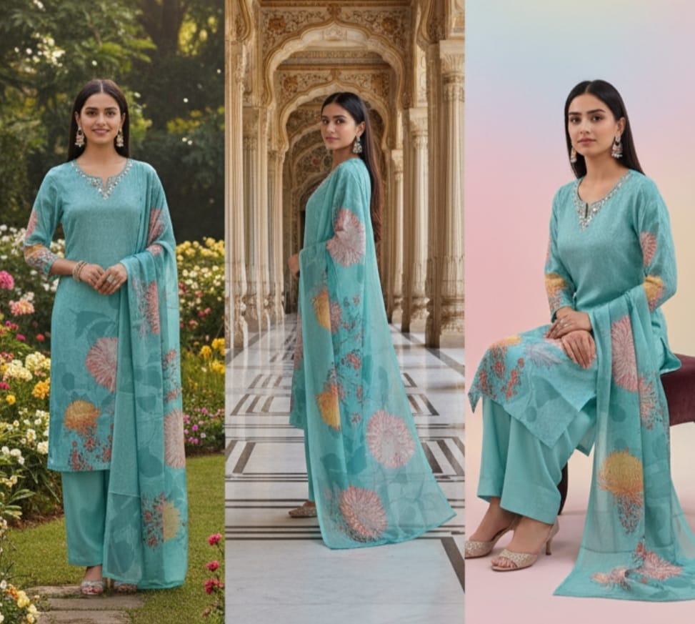 Premium Sky Blue Suit Digital Print Vatican Silk Fabric Suit, Pant and Fancy Dupatta.