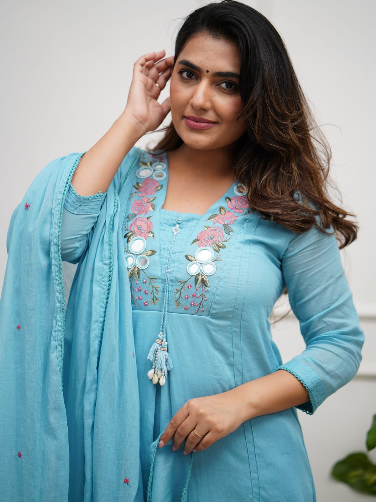 Sky Blue A-Line Kurta Set with Floral Embroidery and Dupatta