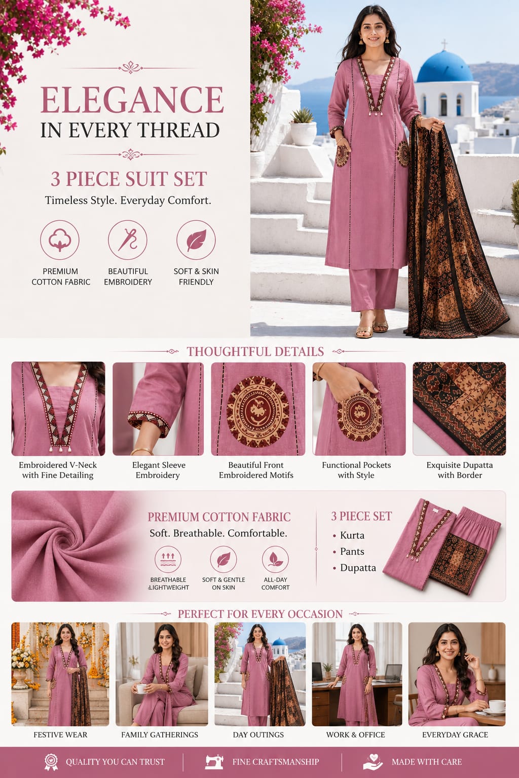 Ruaati Women Premium Cotton Lavender Embroiderd Suit Set with Designer Dupatta