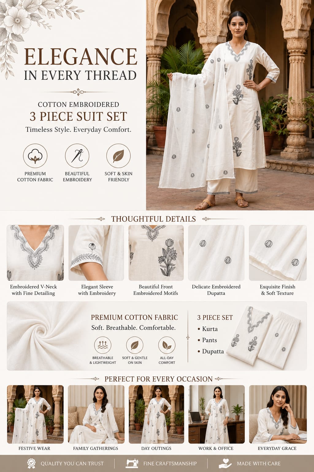 Ruaati Women Premium Mul Cotton Off White & Grey Floral Embroidered Kurta Palazzo Set with Dupatta