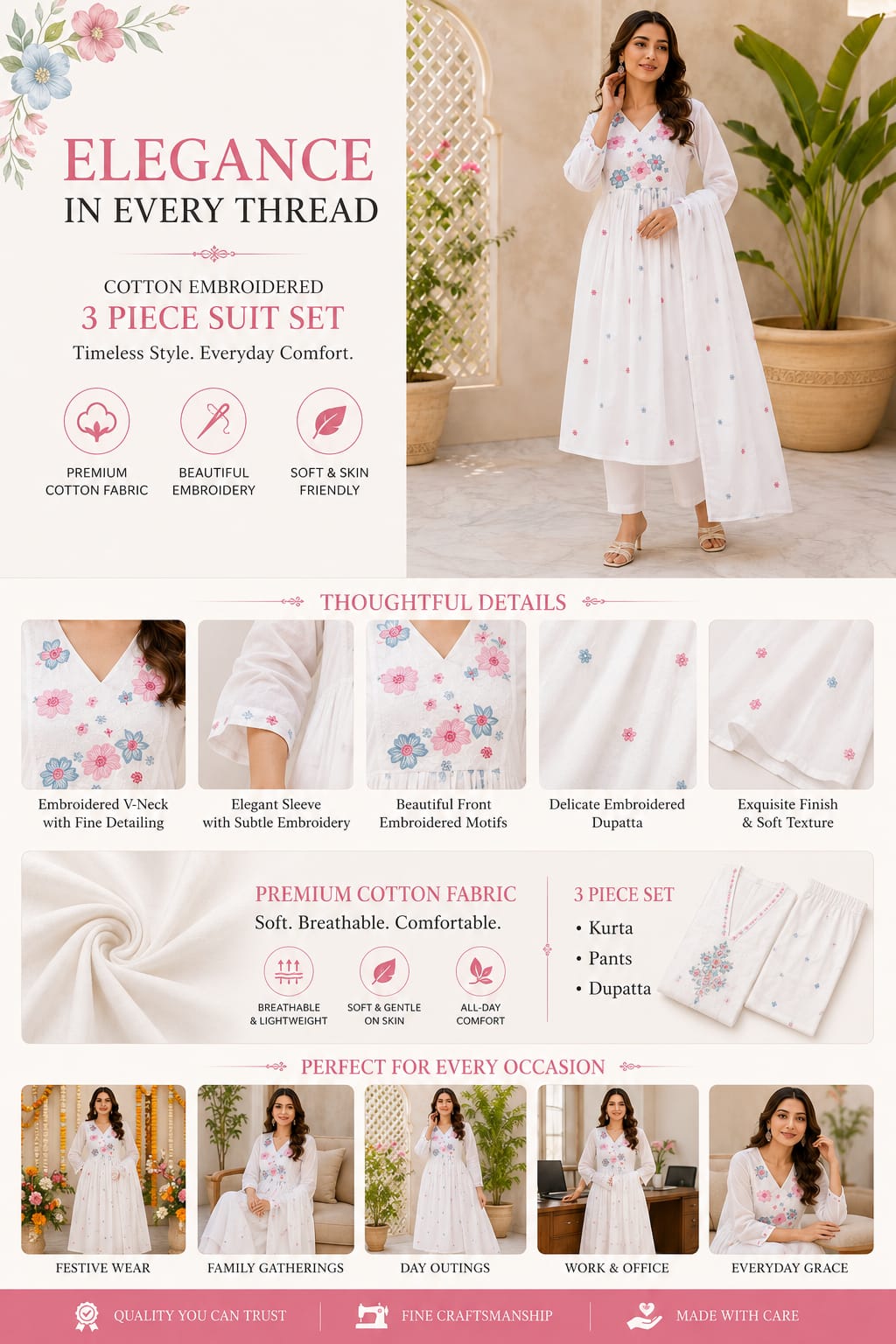 Ruaati Women Premium Mul Cotton White Floral Embroidered A Line Kurta Set with Dupatta