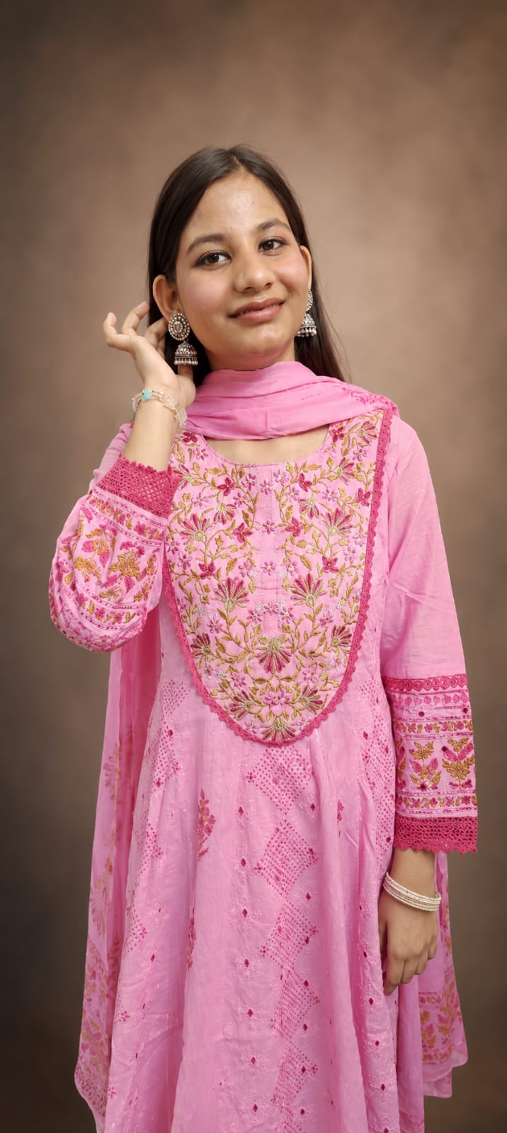Ruaati Women Mul Cotton Elegant Pink Anarkali Embroidered Kurta Pant Set with Dupatta