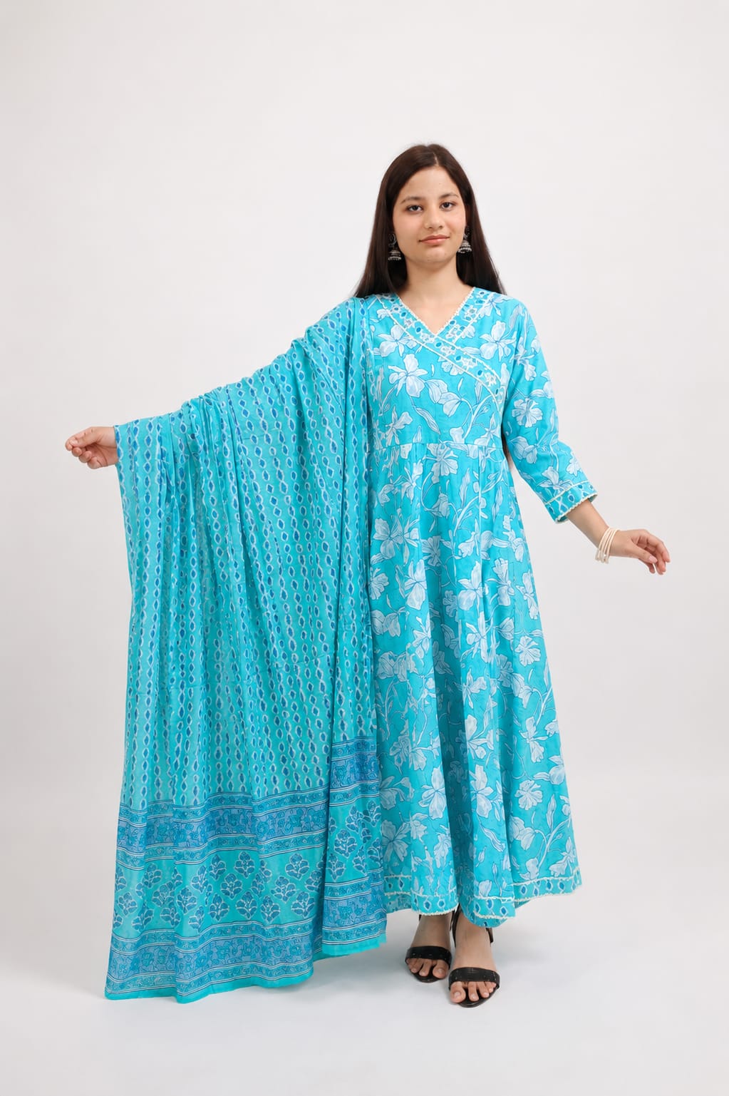 Ruaati Women Mul Cotton Sky Blue Floral Printed Anarkali Suit Set with Dupatta