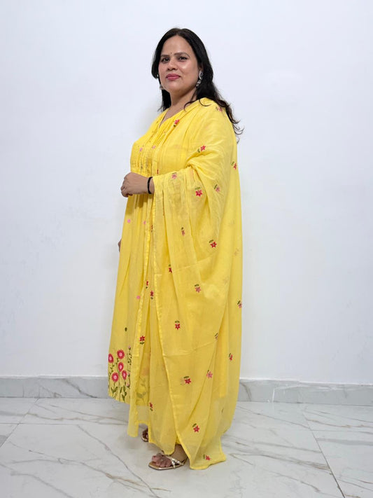 Ruaati Women's Lemon Yellow Embroidered Mul Cotton A-Line Kurta Pant with Embroidered Dupatta | Floral Ethnic Suit Set | Festive, Casual & Office Wear