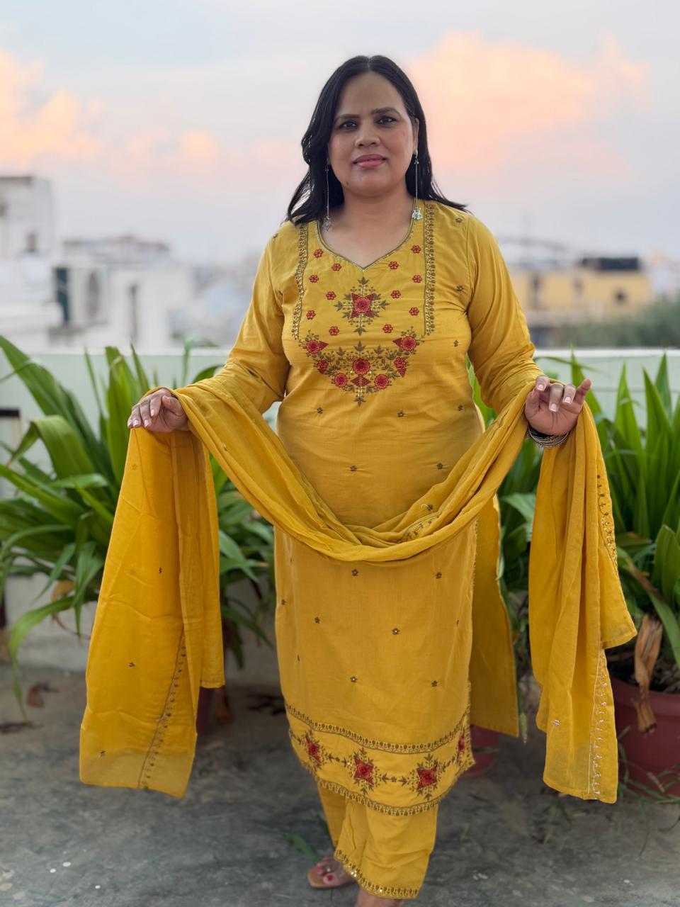 Ruaati Women Cotton Embroidered Yellow Kurta Set with Dupatta for Festive Wear
