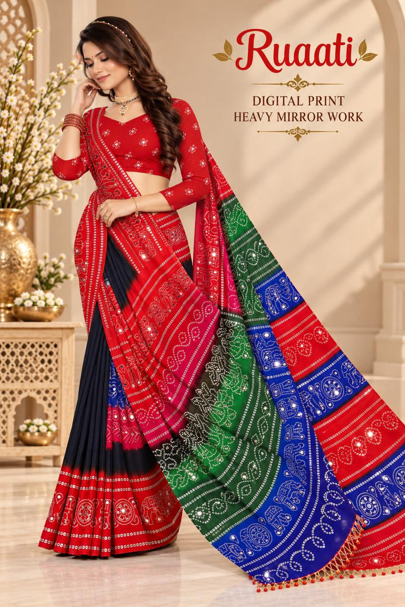 Multi Color Georgette Saree with Digital Print & Heavy Mirror Work
