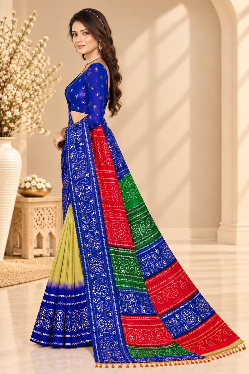 Blue & Red Georgette Saree with Traditional Mirror Embellishments