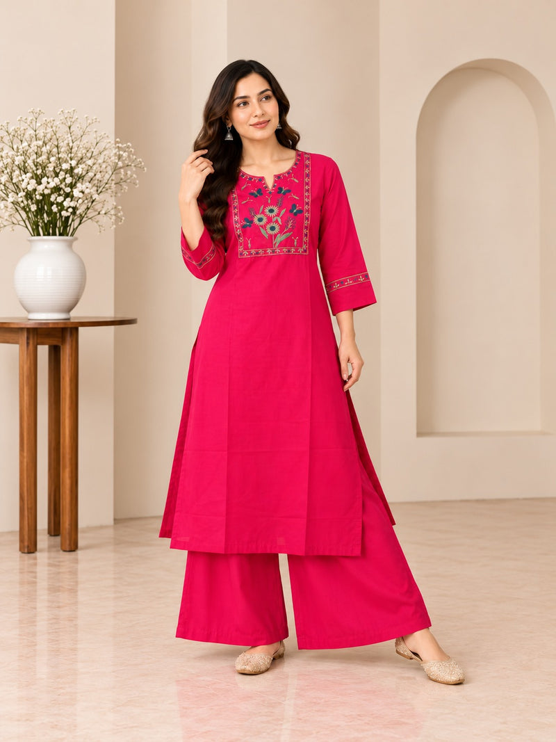 Rani Pink Floral Embroidered Cotton Kurta Set