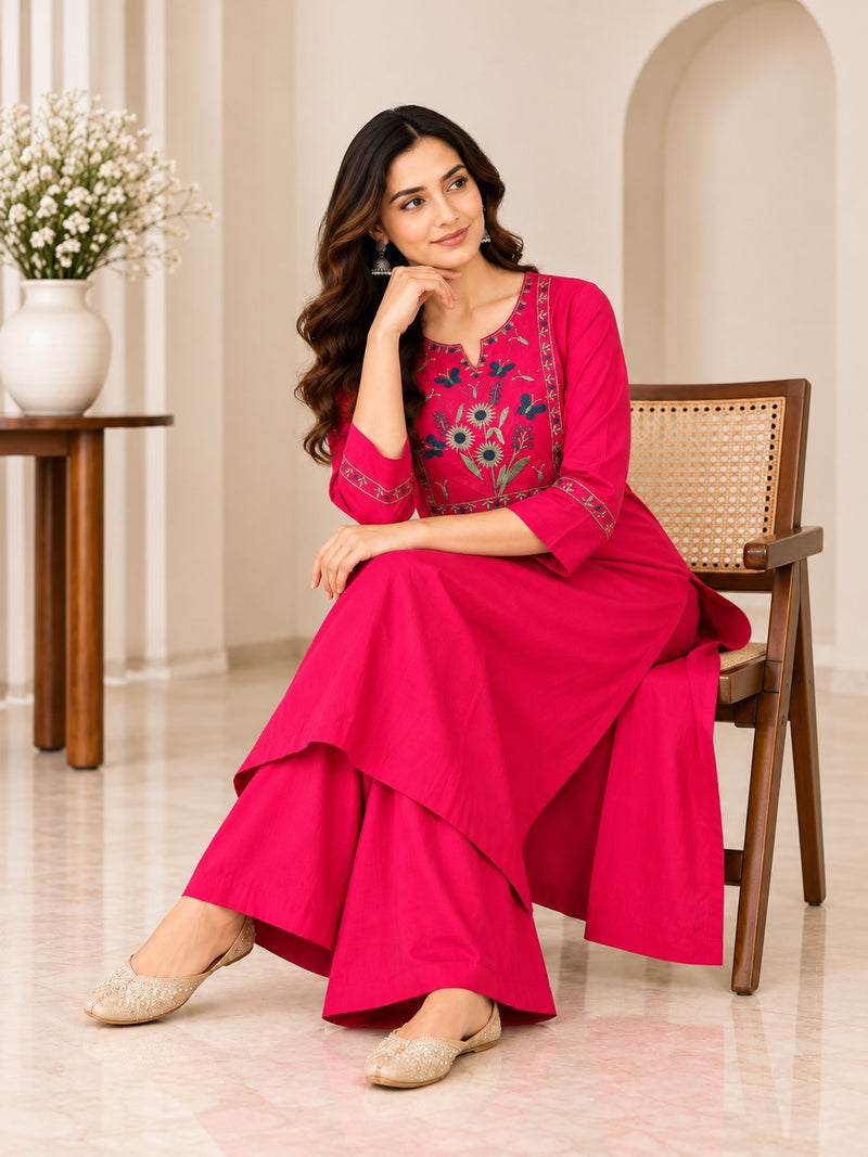 Rani Pink Floral Embroidered Cotton Kurta Set