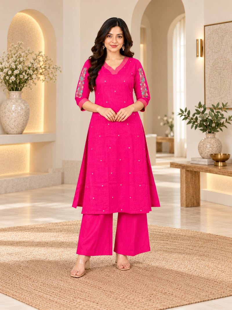 Bright Pink Embroidered Kurta Set