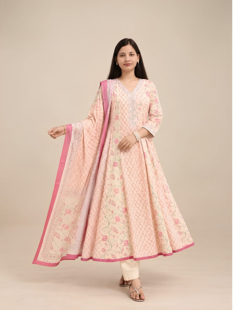 Cream Floral Printed Anarkali Set
