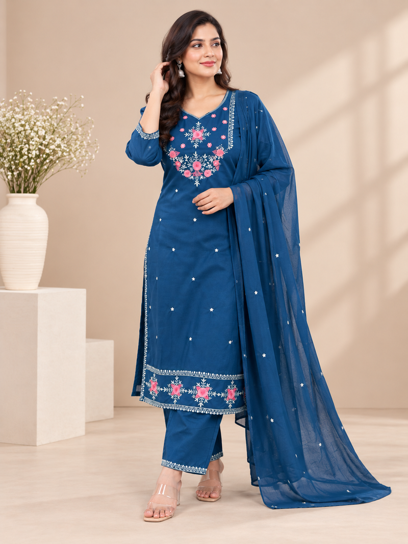 Blue Embroidered Cotton Suit Set