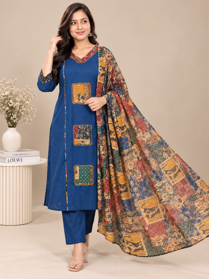 Navy Blue Printed Embroidered Suit Set