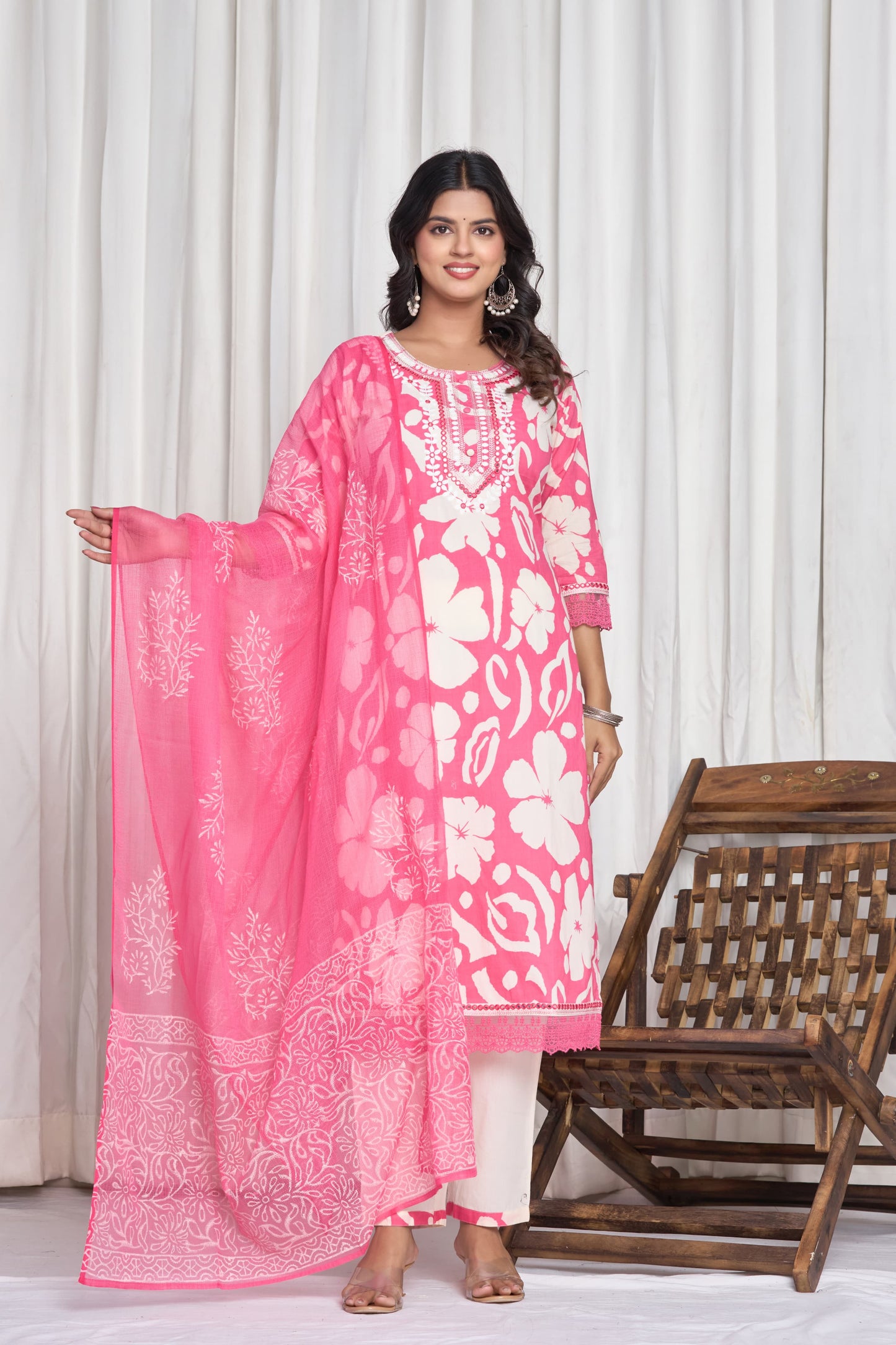Rich Cotton Kurta Set with Hand Block Printed Kota Doria, Work in Neck and Bottom Pure Cotton Gown Set. Superior Quality Cotton Fabric Material. 3 Pc Sets
