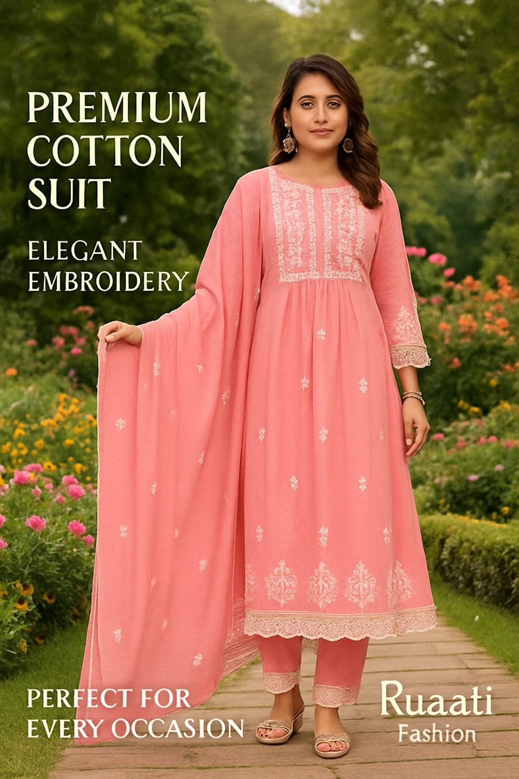 Designer Suit with Full Embroidery work in round Neck, Sleeves (Lace work) and Bottom (Lace work) Pure Cotton Mul Cotton A-Line Set. Kota Doria Dupatta with Beautiful Lace and embroidery, Superior Quality Cotton Fabric. 3 Pc Sets.