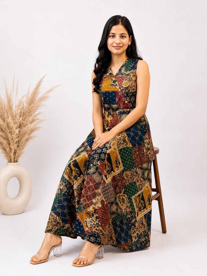 Multicolour Printed Flared Midi Dress