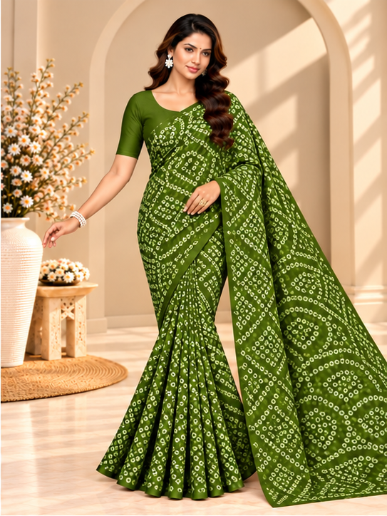 Olive Green Bandhani Printed Georgette Saree
