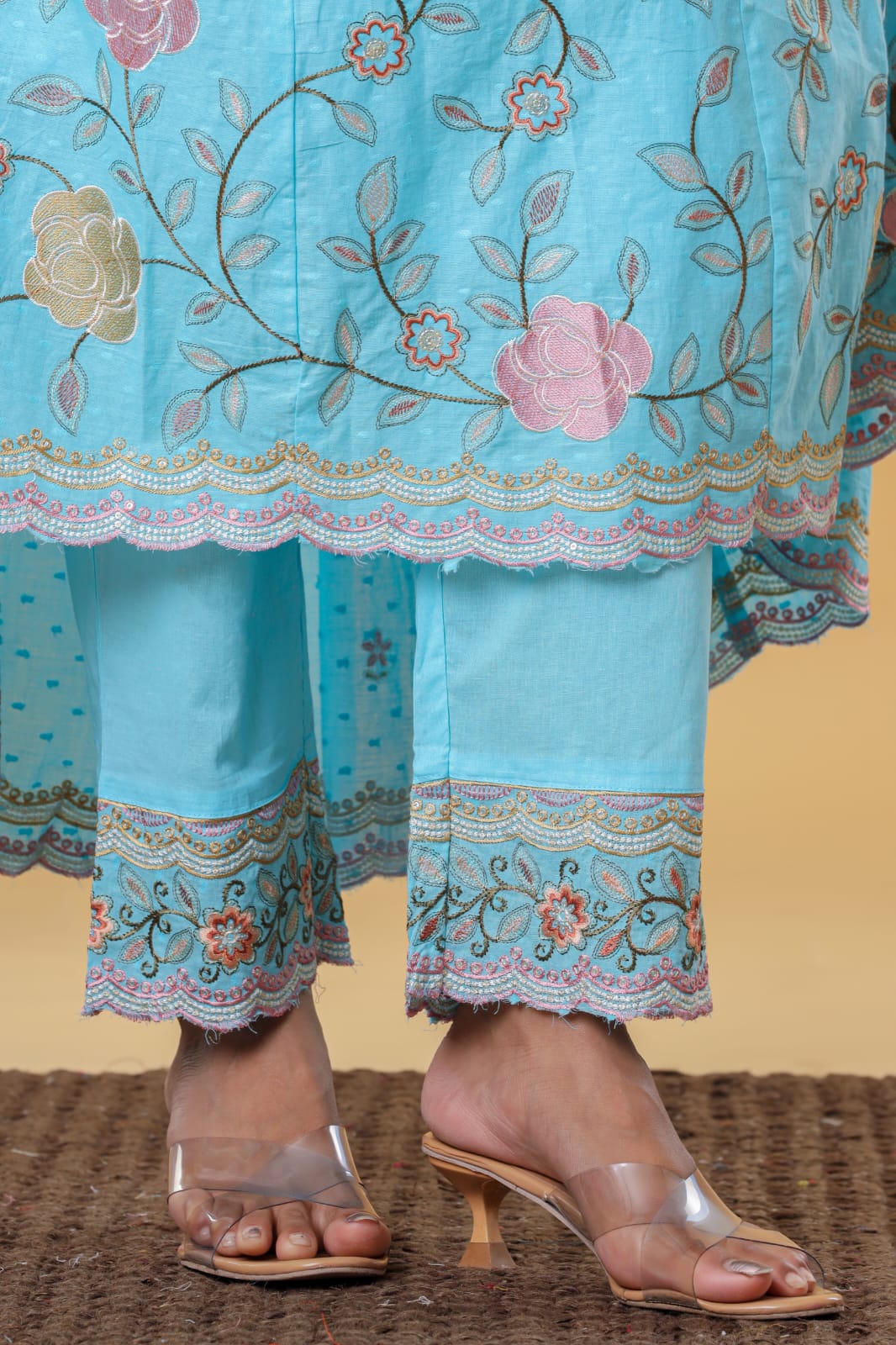 Luxurious & Elegant Mal Mal Cotton Dobi Designer Dress Light Blue with Heavy Manual Embroidery, Superior Quality Fabric, Premium Cotton, Designer 3 Pc. Suits.