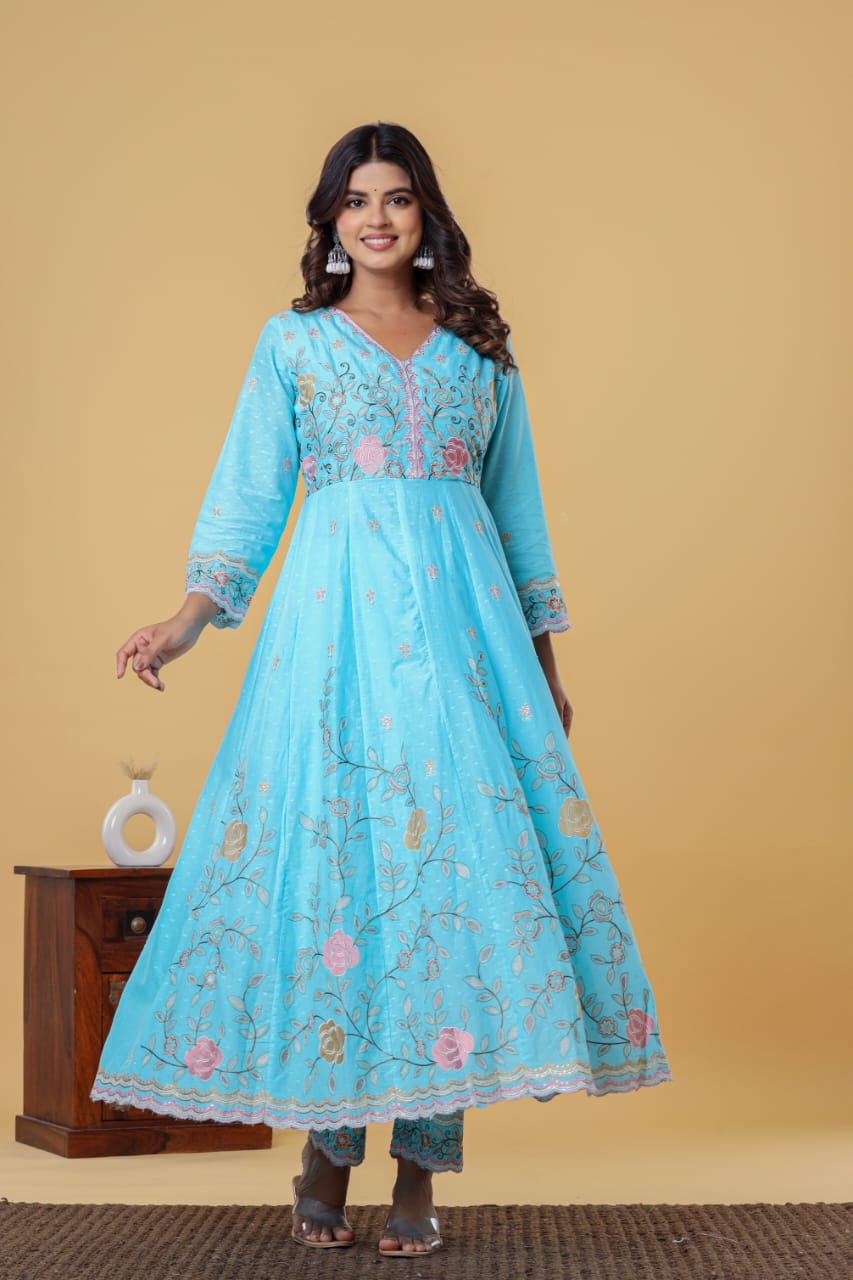 Luxurious & Elegant Mal Mal Cotton Dobi Designer Dress Light Blue with Heavy Manual Embroidery, Superior Quality Fabric, Premium Cotton, Designer 3 Pc. Suits.