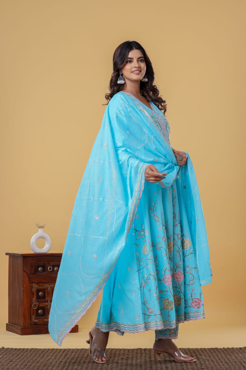 Luxurious & Elegant Mal Mal Cotton Dobi Designer Dress Light Blue with Heavy Manual Embroidery, Superior Quality Fabric, Premium Cotton, Designer 3 Pc. Suits.