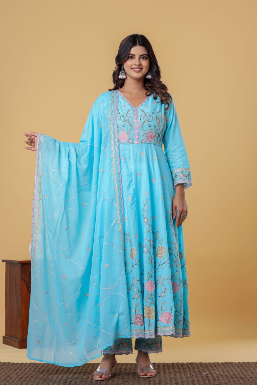 Luxurious & Elegant Mal Mal Cotton Dobi Designer Dress Light Blue with Heavy Manual Embroidery, Superior Quality Fabric, Premium Cotton, Designer 3 Pc. Suits.