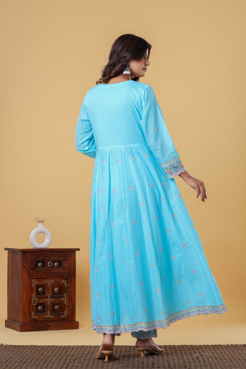 Luxurious & Elegant Mal Mal Cotton Dobi Designer Dress Light Blue with Heavy Manual Embroidery, Superior Quality Fabric, Premium Cotton, Designer 3 Pc. Suits.