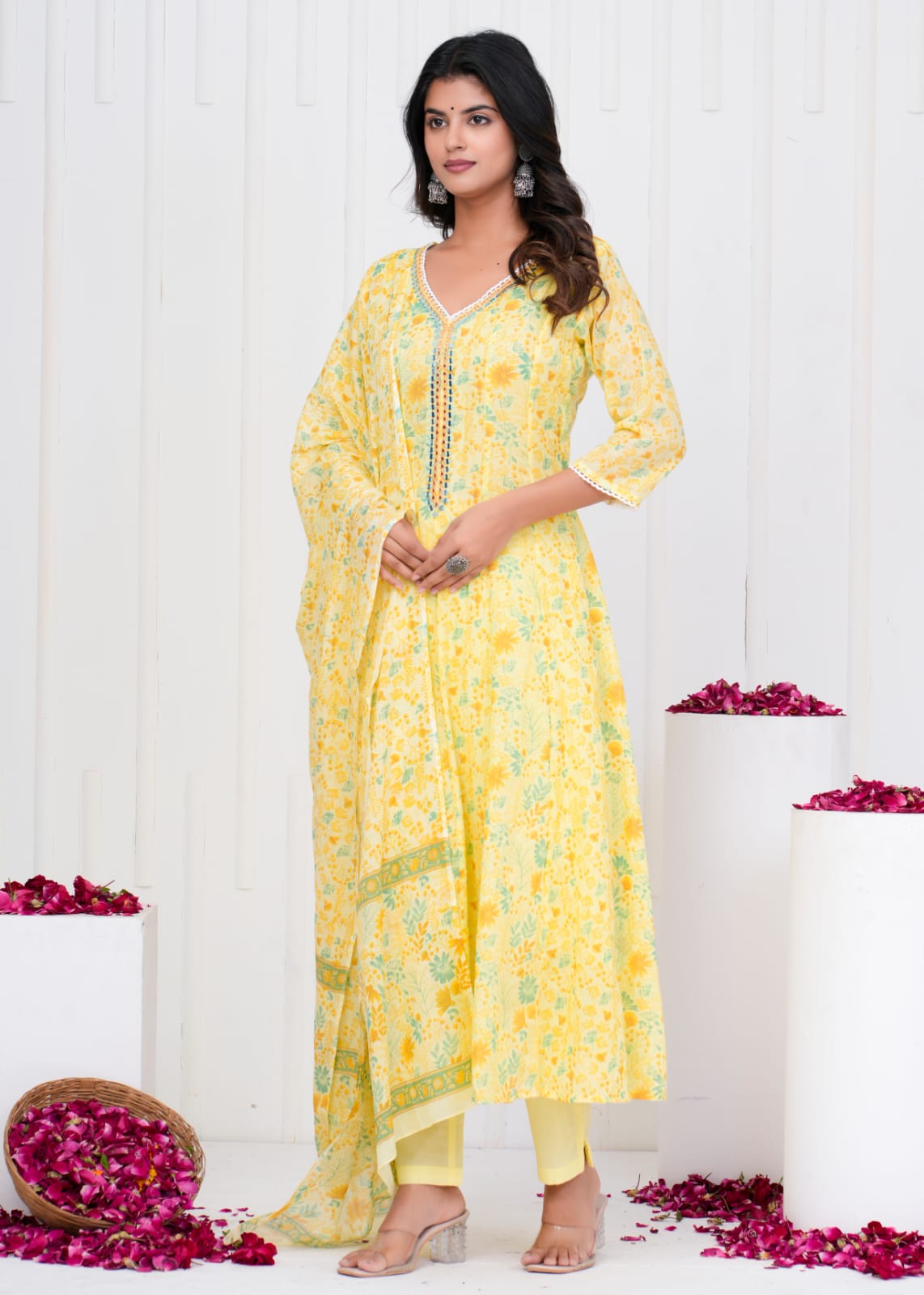 Best Design Premium Pure (Mul Cotton Fabric) A-Line Suit, and V Neck, Mirror work with Stone, Kota Doria Dupatta, Superior Quality Cotton Fabric. 3 Pc Sets.