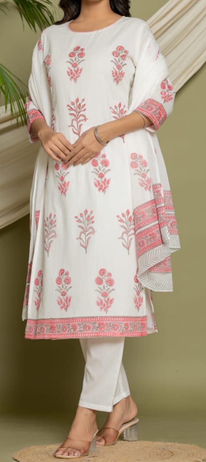 Beautiful & Sober Floral White and Pink Pure Cotton (Mul Cotton Fabric) hand work hand block print. Superior Quality Cotton Fabric. 3 Pc Sets.