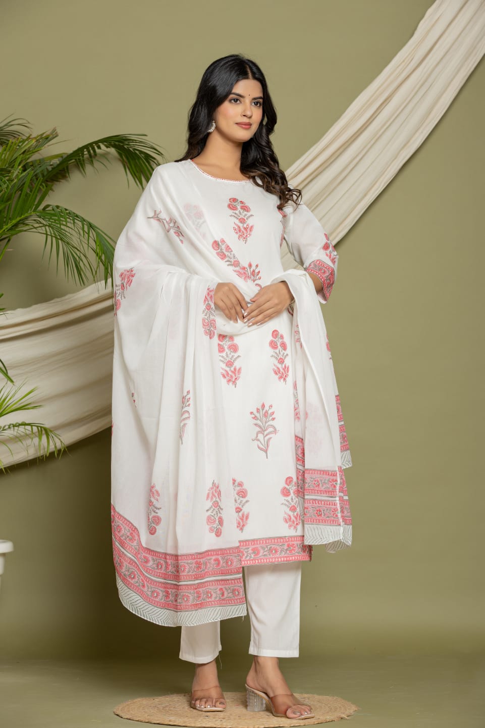 Beautiful & Sober Floral White and Pink Pure Cotton (Mul Cotton Fabric) hand work hand block print. Superior Quality Cotton Fabric. 3 Pc Sets.
