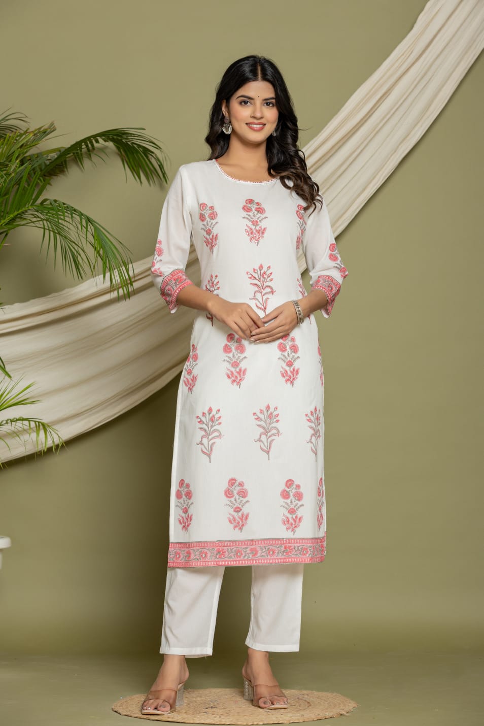 Beautiful & Sober Floral White and Pink Pure Cotton (Mul Cotton Fabric) hand work hand block print. Superior Quality Cotton Fabric. 3 Pc Sets.