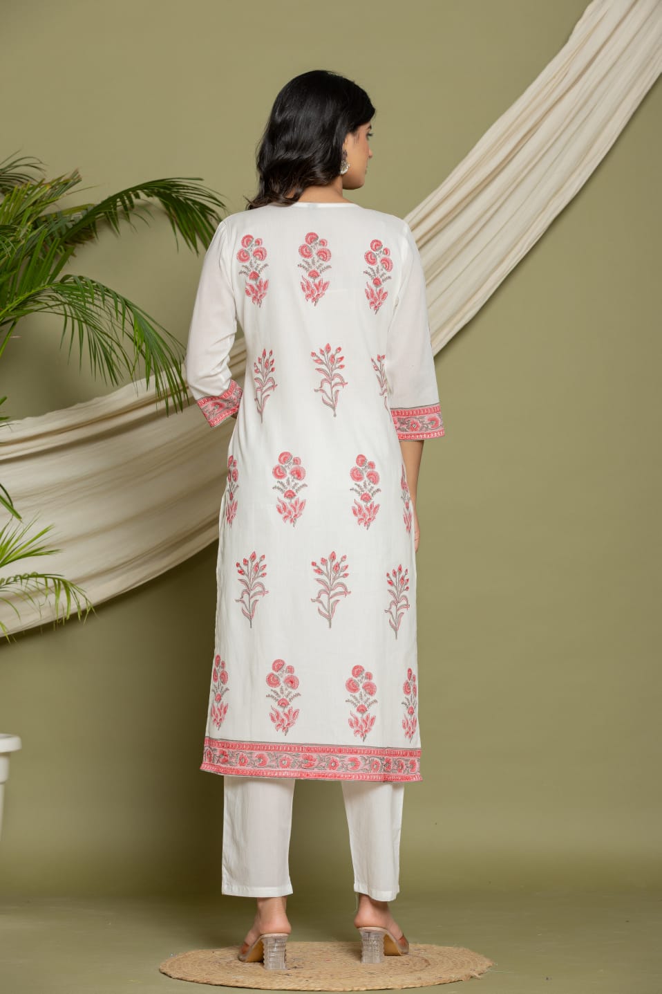 Beautiful & Sober Floral White and Pink Pure Cotton (Mul Cotton Fabric) hand work hand block print. Superior Quality Cotton Fabric. 3 Pc Sets.