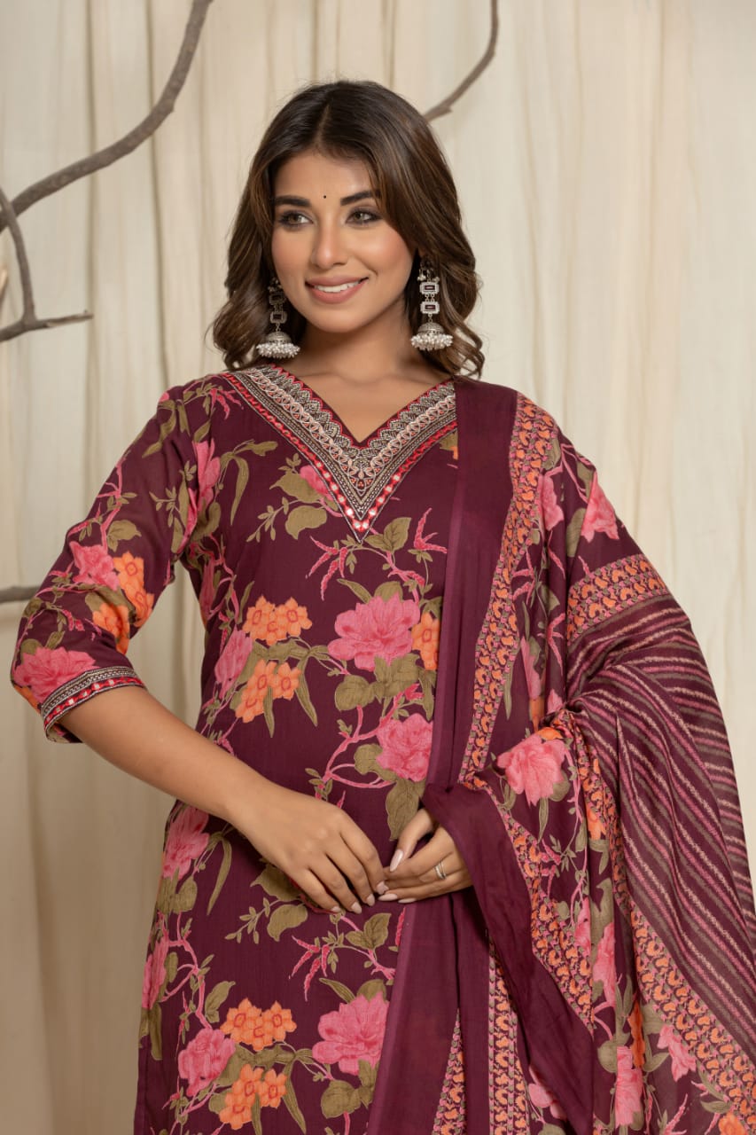 Maroon Floral Pure Cotton Mal Cotton 3-Piece Suit Set with V Neck with Mirror work, Embroidery & Digital Print, Superior Quality Fabric.