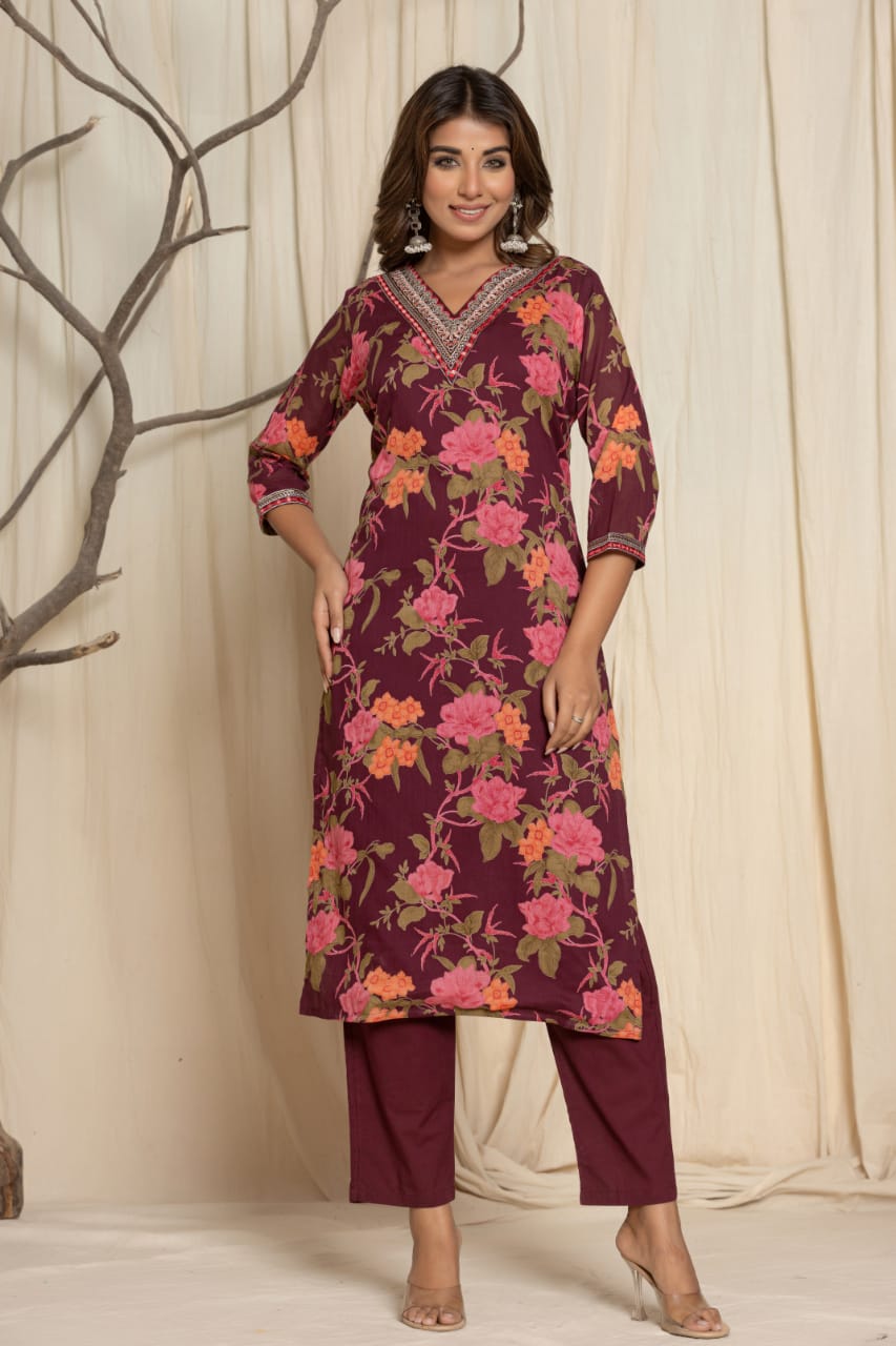Maroon Floral Pure Cotton Mal Cotton 3-Piece Suit Set with V Neck with Mirror work, Embroidery & Digital Print, Superior Quality Fabric.