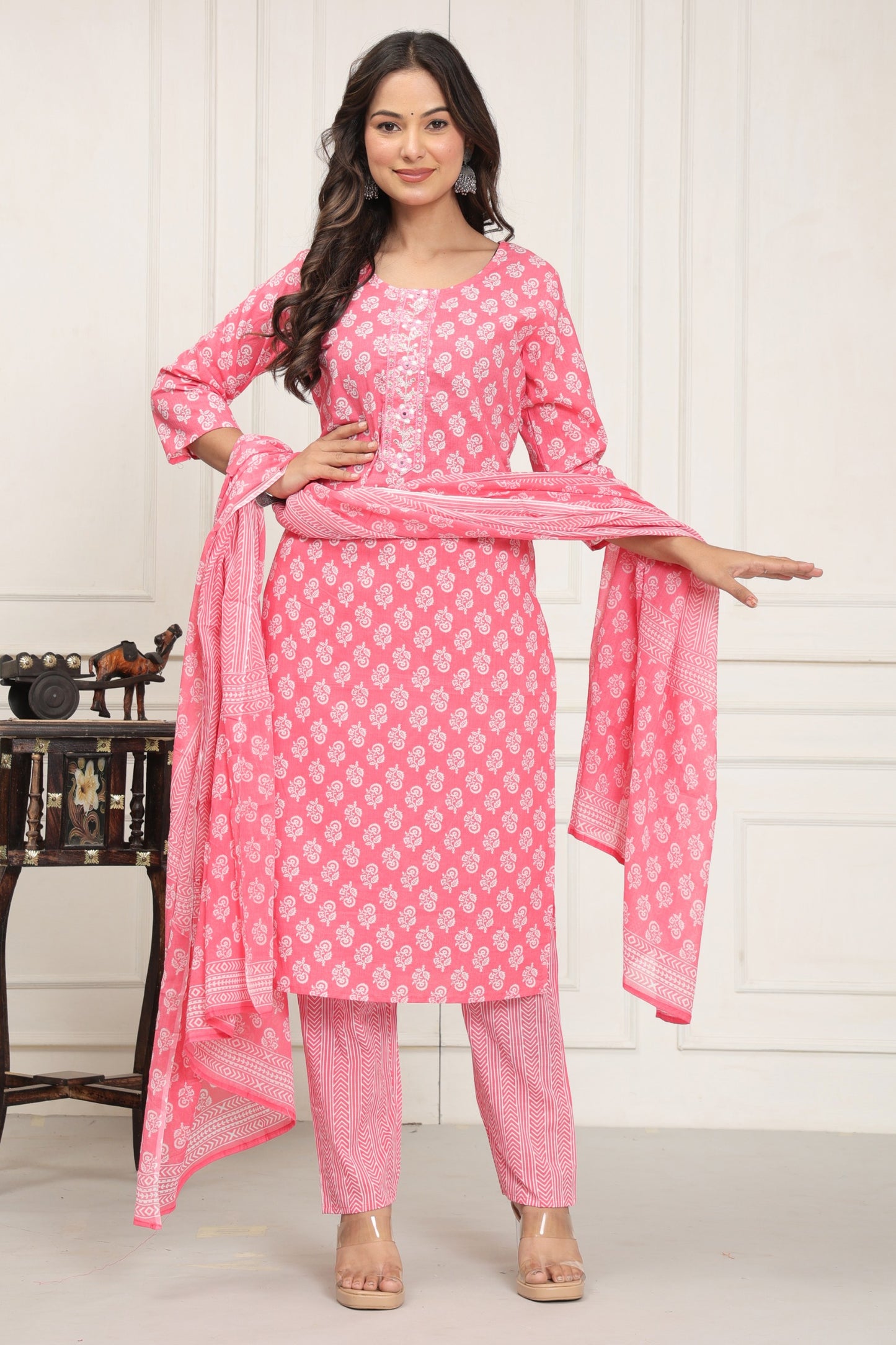 Pink Pure Cotton 3-Piece Suit Set with Patch Work & Hand Block Printed Dupatta. Superior Quality Cotton Fabric
