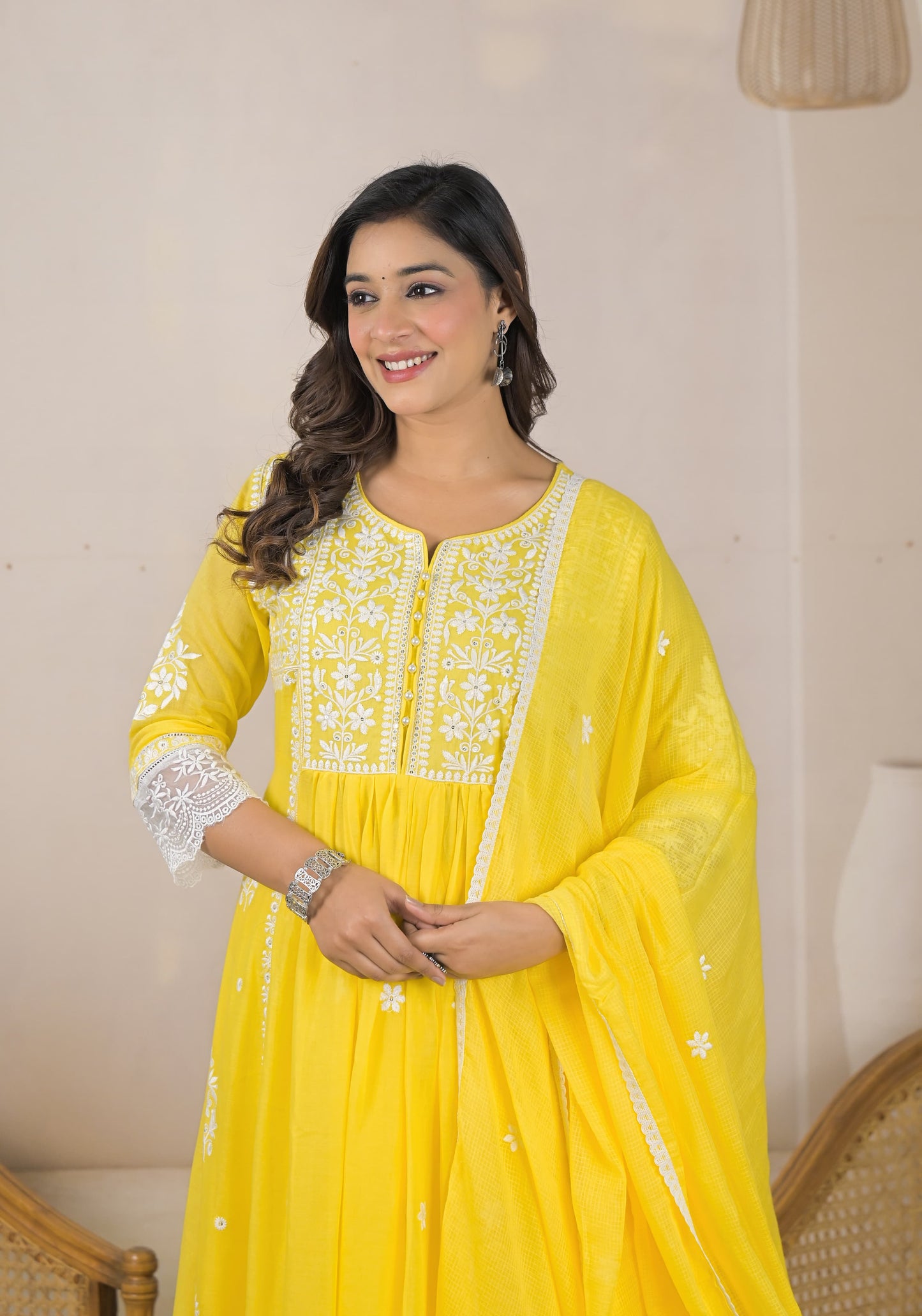 Designer Yellow Color Suit with Full Embroidery work in round Neck, Sleeves (Lace work) and Bottom (Lace work) A-Line Set. Kota Doria Dupatta with Beautiful Lace, Rich Cotton Fabric. 3 Pc Sets.