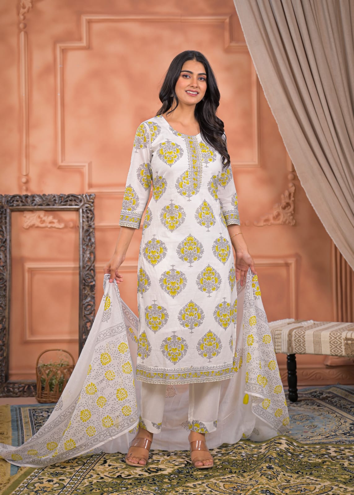 Simple and Beautiful Pure Cotton Mal Mal Suit Set with Hand Work & Block Printed Dupatta, Superior Quality Cotton Fabric. 3 Pc Sets.