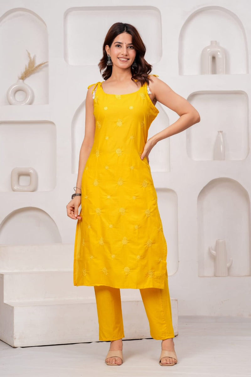 Yellow Embroidered Sleeveless Kurta Set
