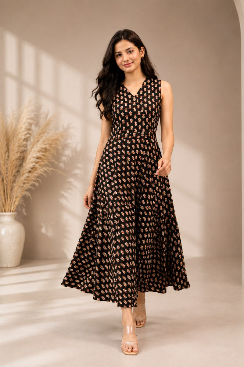 Multicolor Floral Printed Flared Midi Dress