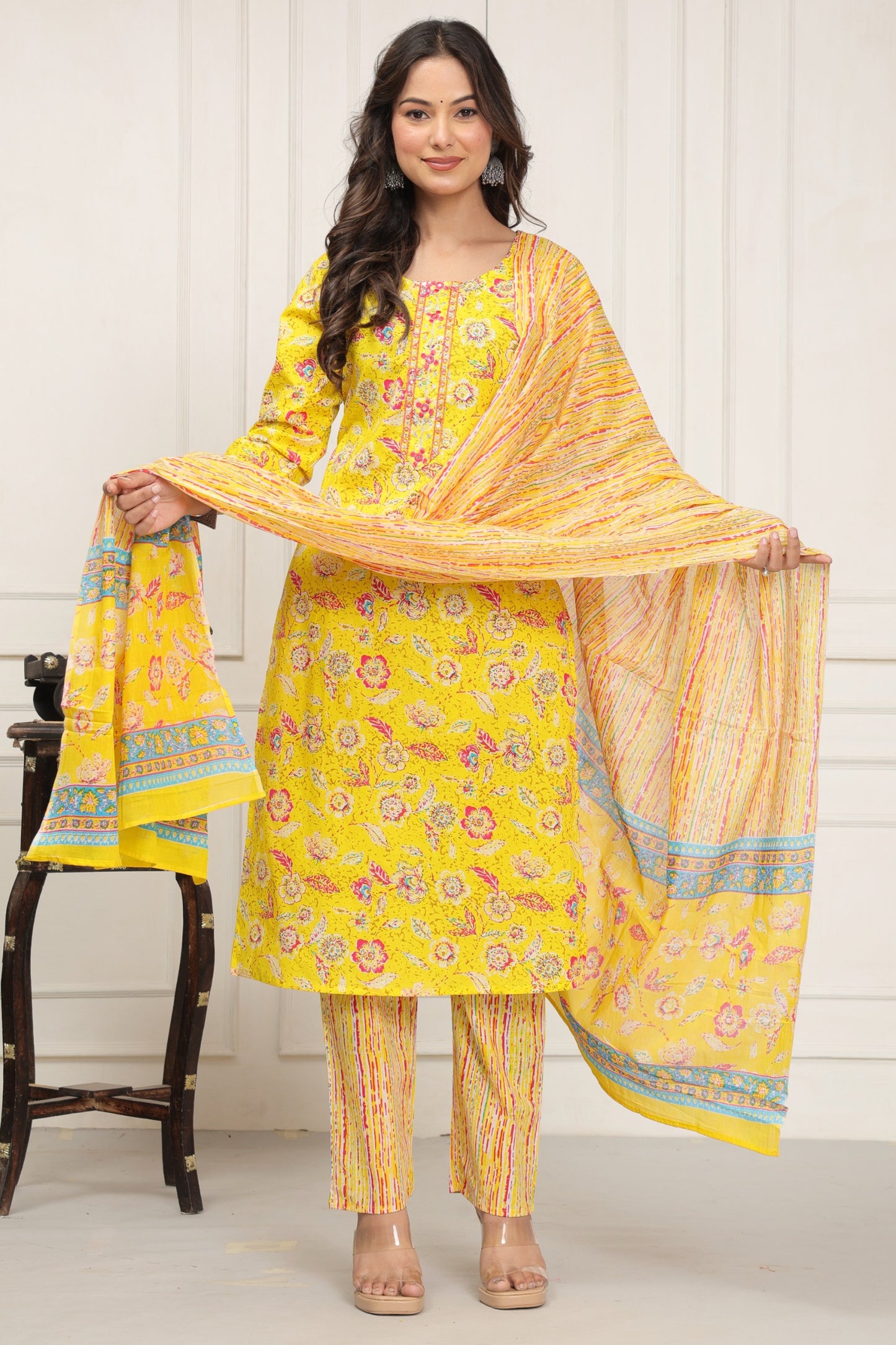 Sunny Yellow Pure Cotton Mal Mal with Patch Work & Hand Block Printed Dupatta, Supper Quality Fabric Material. 3 Pc Sets.