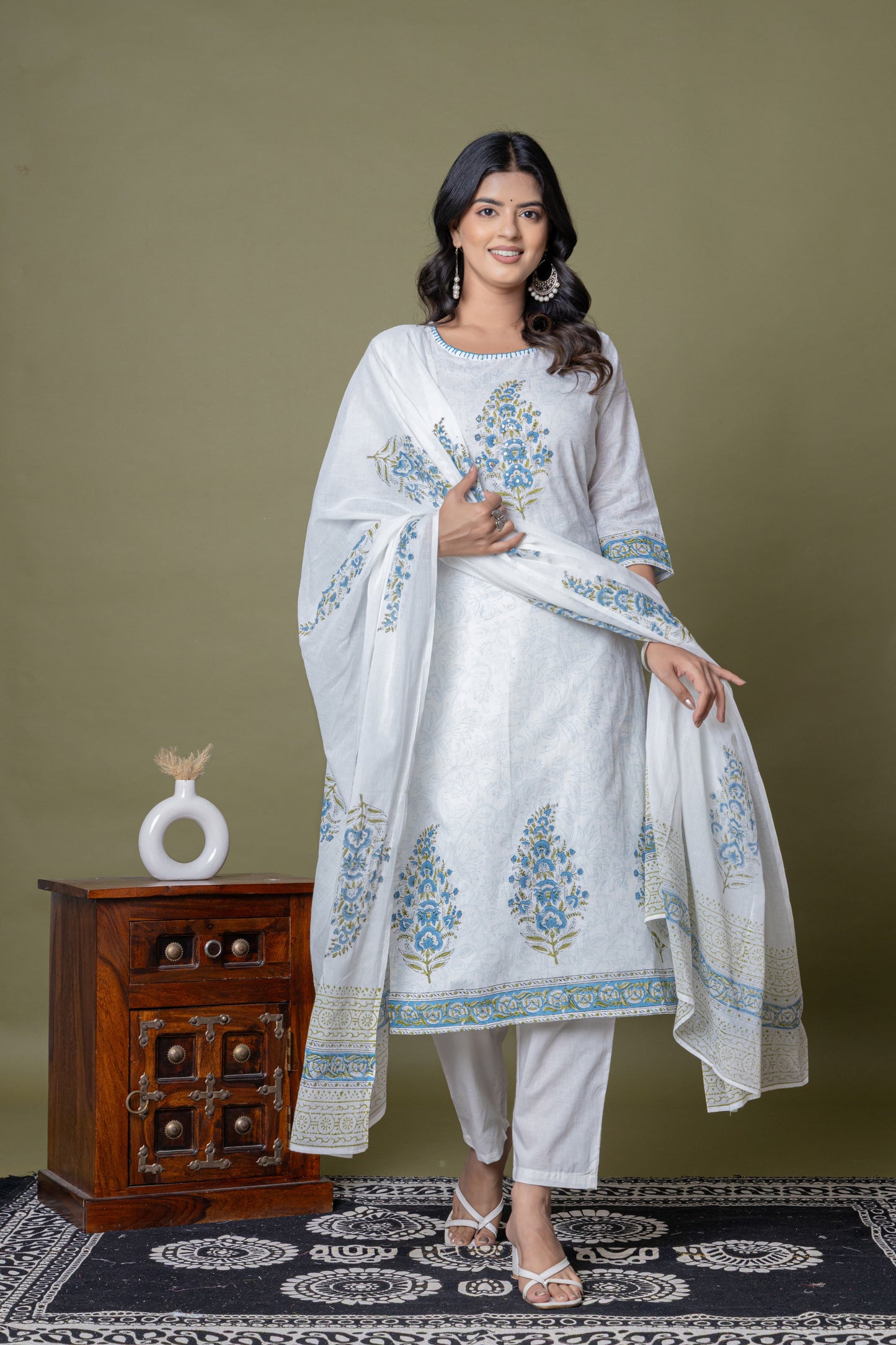 Beautiful & Sober Floral White and Blue Pure Cotton (Mul Cotton fabric) hand work hand block print. Superior Quality Cotton Fabric. 3 Pc Sets.