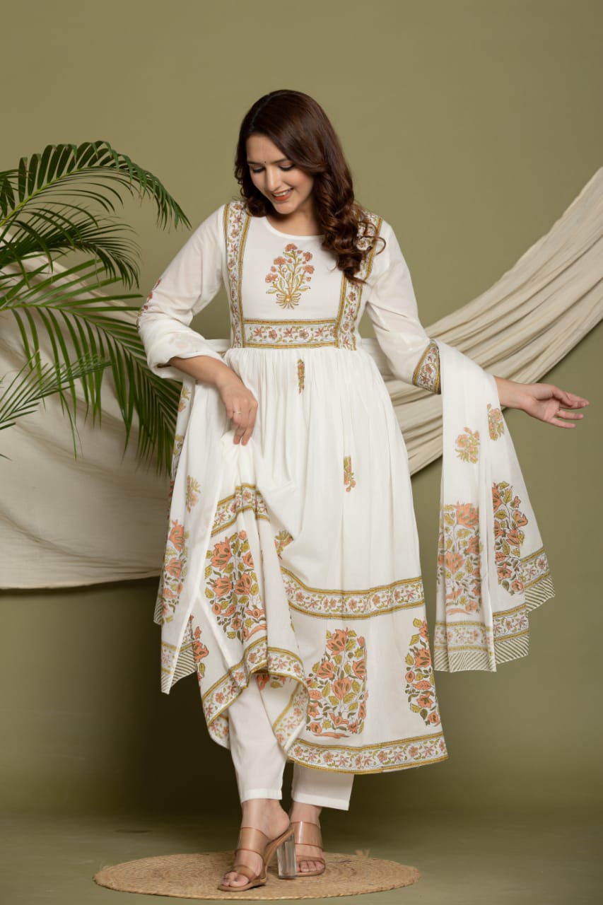Elegant Rich Mul Cotton A Line 3 Pc. Set. Designer Suit with Hand Block Print work in Neck and Bottom. Superior Quality Fabric.