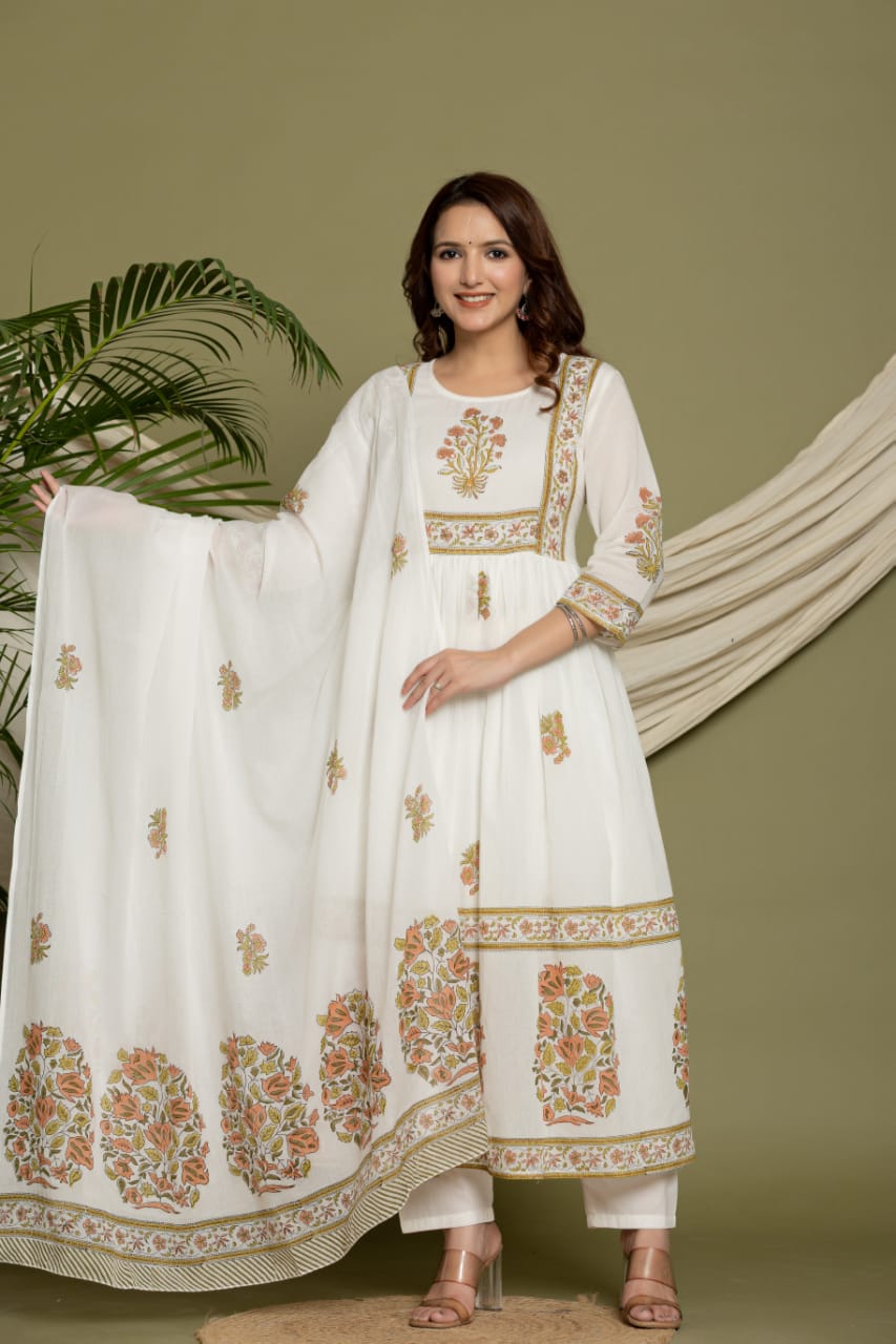 Elegant Rich Mul Cotton A Line 3 Pc. Set. Designer Suit with Hand Block Print work in Neck and Bottom. Superior Quality Fabric.