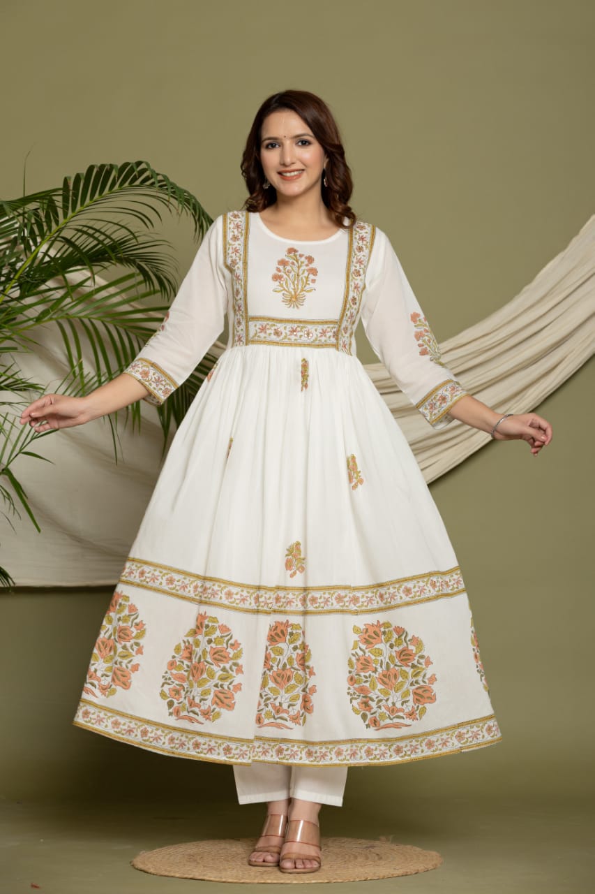 Elegant Rich Mul Cotton A Line 3 Pc. Set. Designer Suit with Hand Block Print work in Neck and Bottom. Superior Quality Fabric.