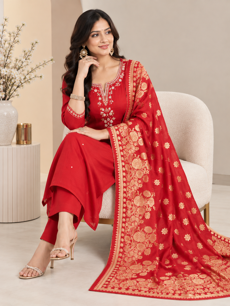 Red Roman Silk Embroidered Suit Set