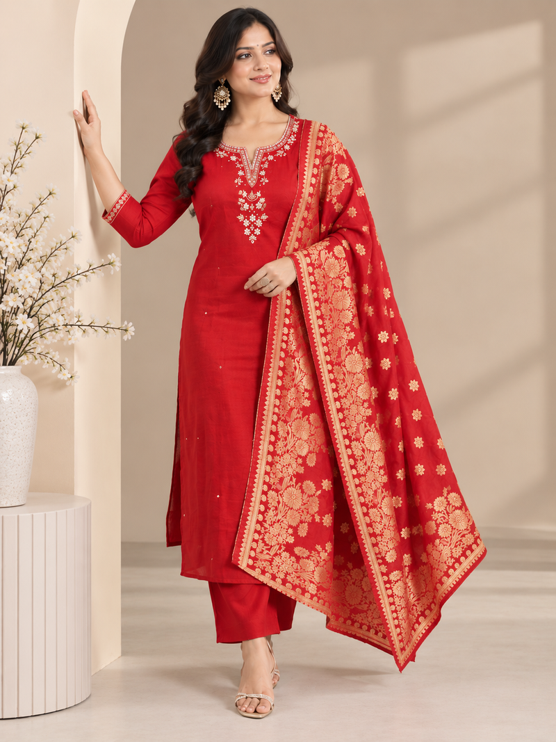 Red Roman Silk Embroidered Suit Set